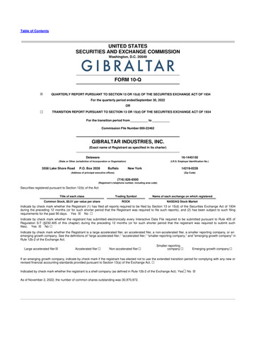 Thumbnail Gibraltar Industries
 10-Q Quarterly Report FY2022 