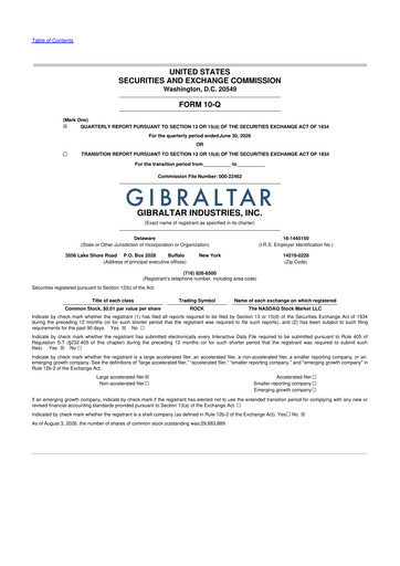 Miniature Gibraltar Industries
 10-Q Rapport trimestriel 2026 