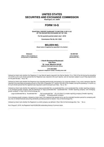 Thumbnail Belden 10-Q Quarterly Report FY2018 