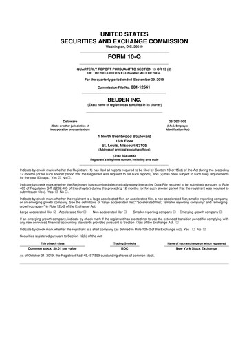 Thumbnail Belden 10-Q Quarterly Report FY2019 