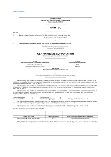 Thumbnail C&F Financial Corporation

 10-Q Quarterly Report FY2019 