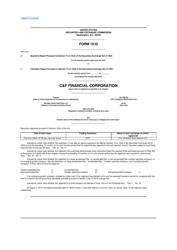 Thumbnail C&F Financial Corporation

 10-Q Quarterly Report FY2019 