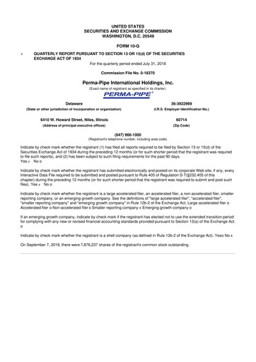 Thumbnail Perma-Pipe International 10-Q Quarterly Report FY2018 