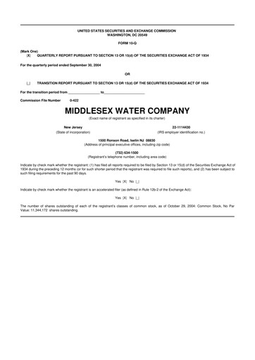 Thumbnail Middlesex Water Company
 10-Q Quarterly Report FY 