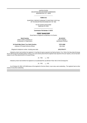 Thumbnail First Bancorp
 10-Q Quarterly Report FY 