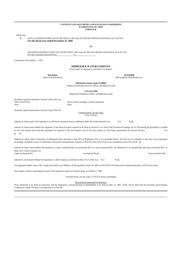 Vorschaubild Middlesex Water Company
 10-K Jahresbericht 