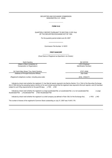 Thumbnail First Bancorp
 10-Q Quarterly Report FY 