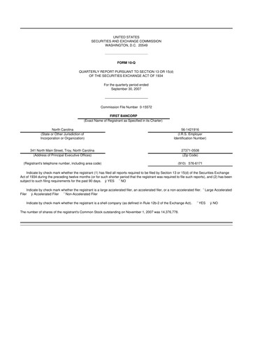 Thumbnail First Bancorp
 10-Q Quarterly Report FY 