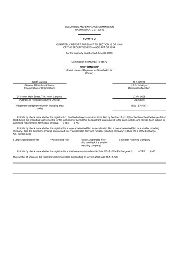 Thumbnail First Bancorp
 10-Q Quarterly Report FY 