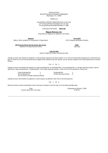 Miniature Magyar Bancorp 10-Q Rapport trimestriel  