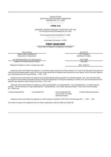 Thumbnail First Bancorp
 10-Q Quarterly Report FY 