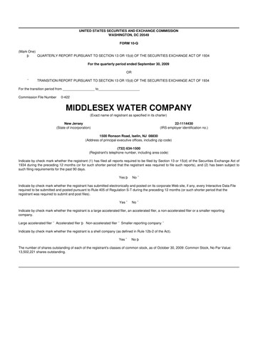 Thumbnail Middlesex Water Company
 10-Q Quarterly Report FY 