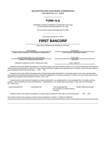Thumbnail First Bancorp
 10-Q Quarterly Report FY 