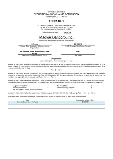Miniature Magyar Bancorp 10-Q Rapport trimestriel  