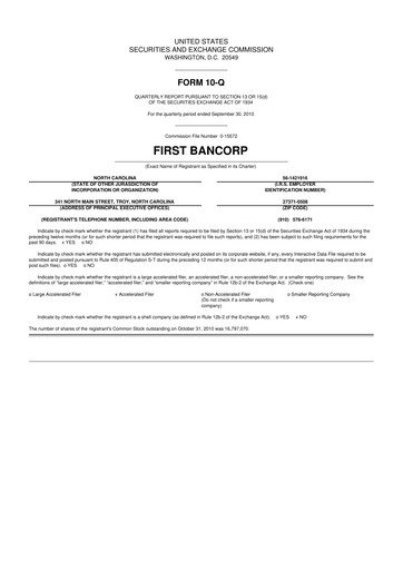 Thumbnail First Bancorp
 10-Q Quarterly Report FY 