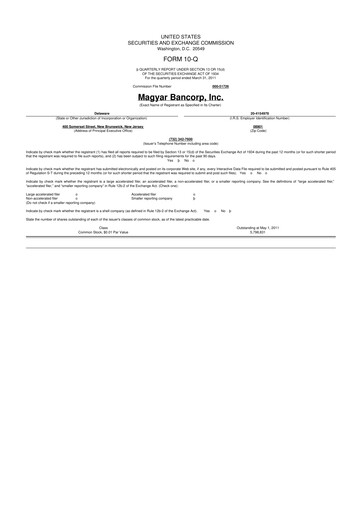 Miniature Magyar Bancorp 10-Q Rapport trimestriel  