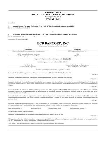 Thumbnail BCB Bancorp 10-K Annual Report 2011