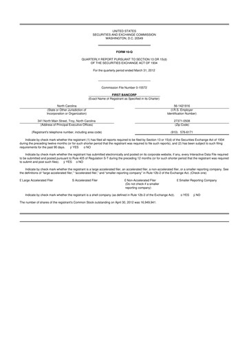 Thumbnail First Bancorp
 10-Q Quarterly Report FY2012 