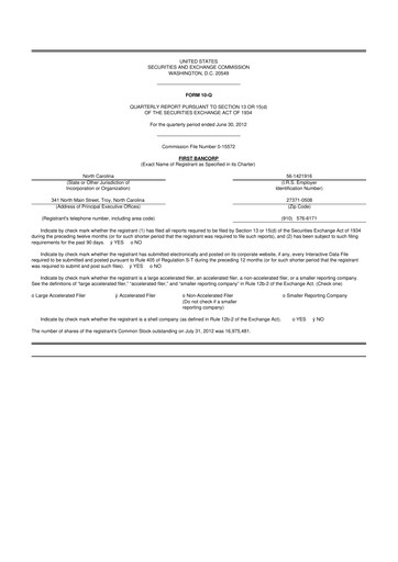 Thumbnail First Bancorp
 10-Q Quarterly Report FY2012 