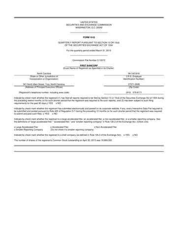 Thumbnail First Bancorp
 10-Q Quarterly Report FY2013 