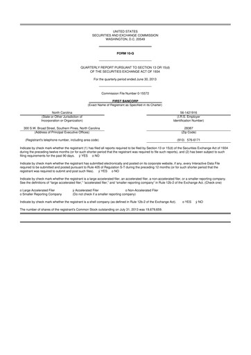 Thumbnail First Bancorp
 10-Q Quarterly Report FY2013 