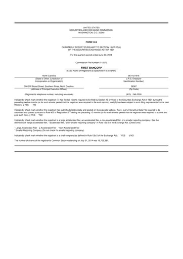 Thumbnail First Bancorp
 10-Q Quarterly Report FY2014 