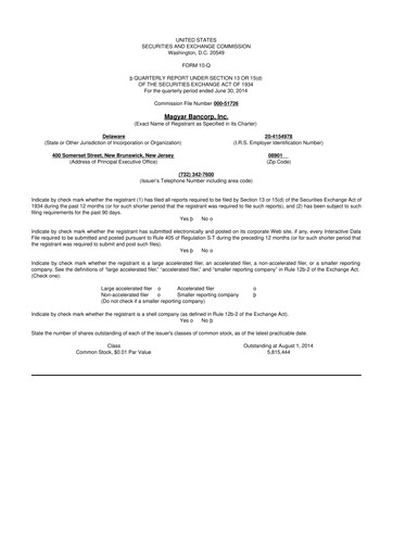 Miniature Magyar Bancorp 10-Q Rapport trimestriel 2014 