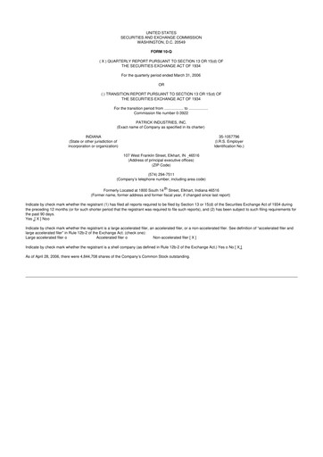Thumbnail Patrick Industries 10-Q Quarterly Report FY 