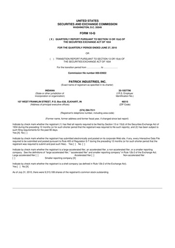 Thumbnail Patrick Industries 10-Q Quarterly Report FY 