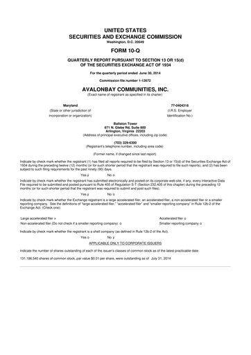 Miniature AvalonBay Communities 10-Q Rapport trimestriel 2014 