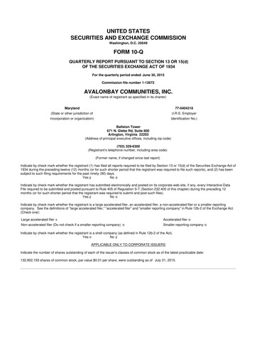 Miniature AvalonBay Communities 10-Q Rapport trimestriel 2015 