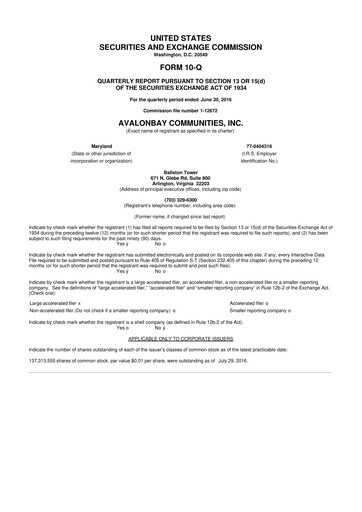 Miniature AvalonBay Communities 10-Q Rapport trimestriel 2016 