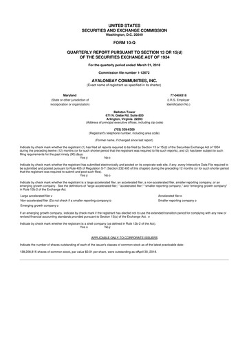 Miniature AvalonBay Communities 10-Q Rapport trimestriel 2018 