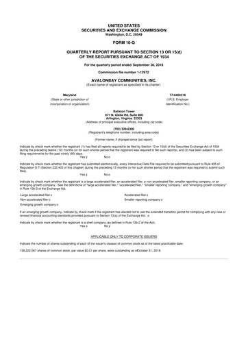 Miniature AvalonBay Communities 10-Q Rapport trimestriel 2018 