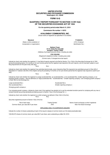 Miniature AvalonBay Communities 10-Q Rapport trimestriel 2019 