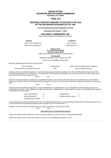 Miniature AvalonBay Communities 10-Q Rapport trimestriel 2019 