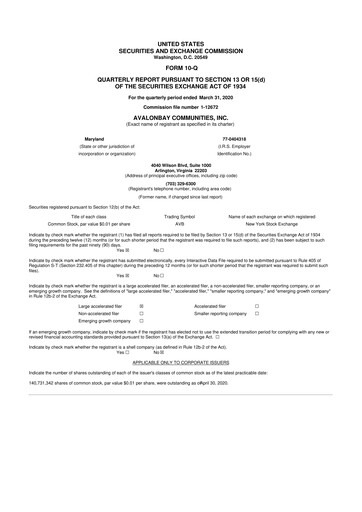 Miniature AvalonBay Communities 10-Q Rapport trimestriel 2020 