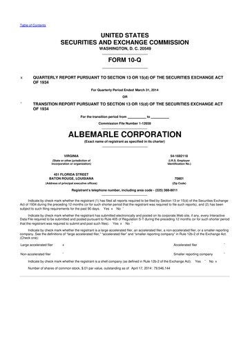 Miniature Albemarle 10-Q Rapport trimestriel 2014 