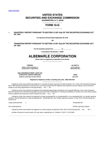 Miniature Albemarle 10-Q Rapport trimestriel 2016 