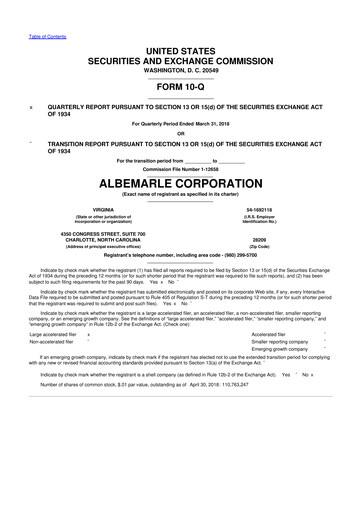 Miniature Albemarle 10-Q Rapport trimestriel 2018 
