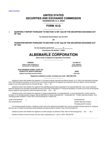 Miniature Albemarle 10-Q Rapport trimestriel 2018 