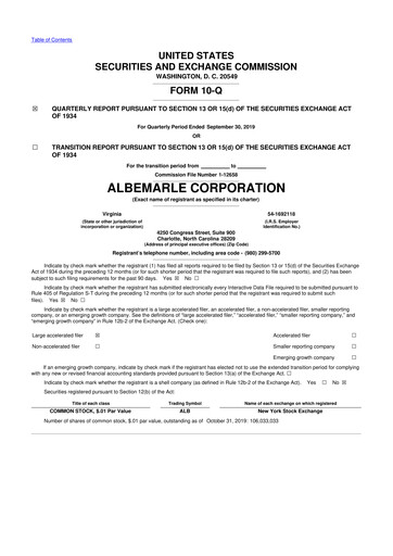 Miniature Albemarle 10-Q Rapport trimestriel 2019 