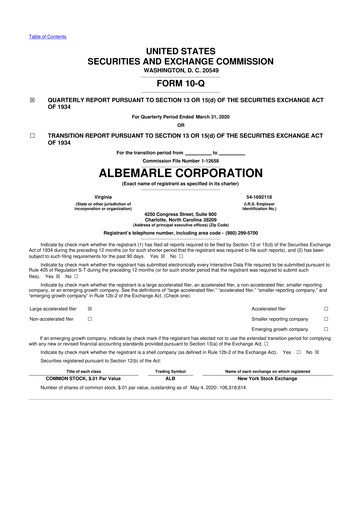 Miniature Albemarle 10-Q Rapport trimestriel 2020 