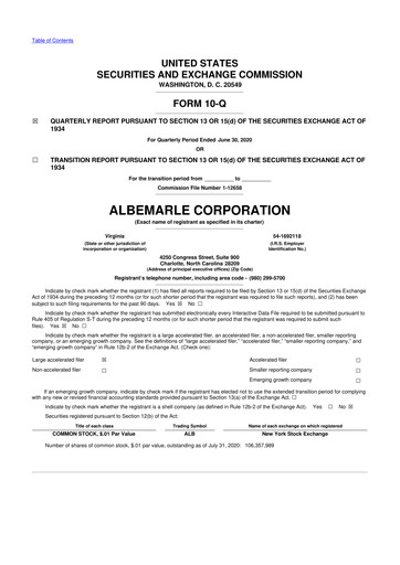 Miniature Albemarle 10-Q Rapport trimestriel 2020 