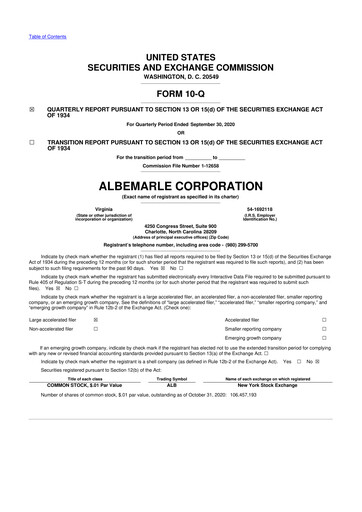 Miniature Albemarle 10-Q Rapport trimestriel 2020 