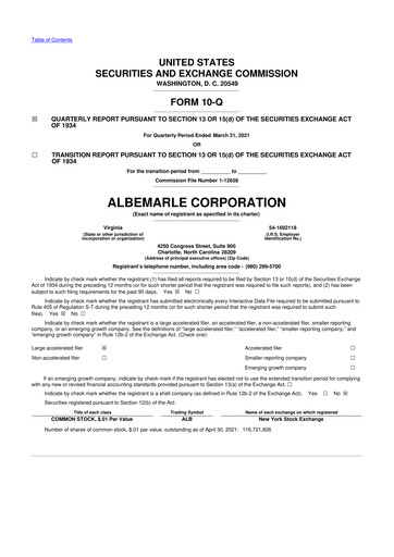 Miniature Albemarle 10-Q Rapport trimestriel 2021 