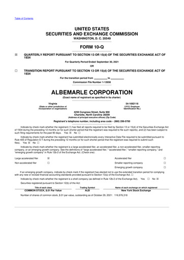 Miniature Albemarle 10-Q Rapport trimestriel 2021 