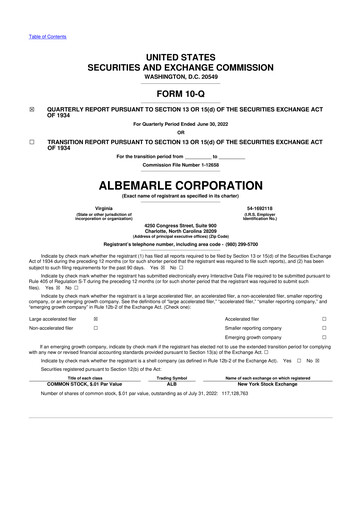 Miniature Albemarle 10-Q Rapport trimestriel 2022 