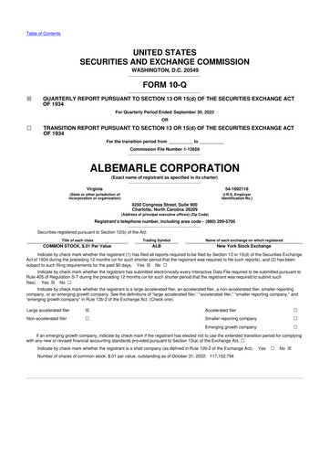 Miniature Albemarle 10-Q Rapport trimestriel 2022 