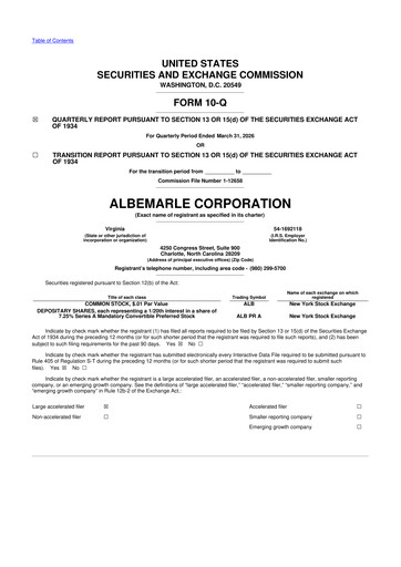 Miniature Albemarle 10-Q Rapport trimestriel  